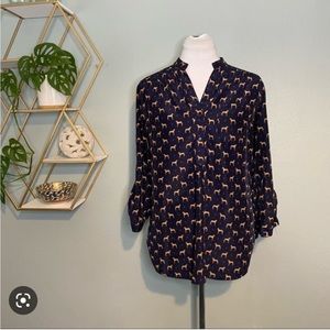 Blue Tan 3/4 Sleeve Button Down Blouse with Mandarin Collar